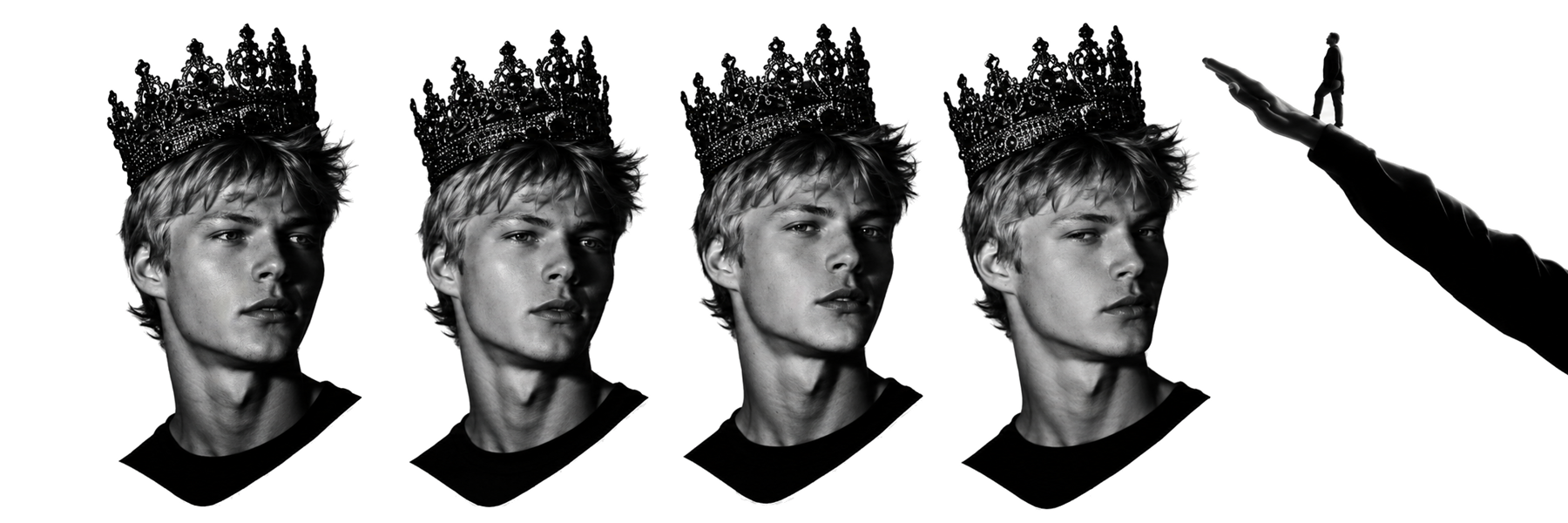 Four black-and-white portraits of Will Purvis wearing an ornate jewelled crown, beside a giant open hand with a small suited figure standing in the palm