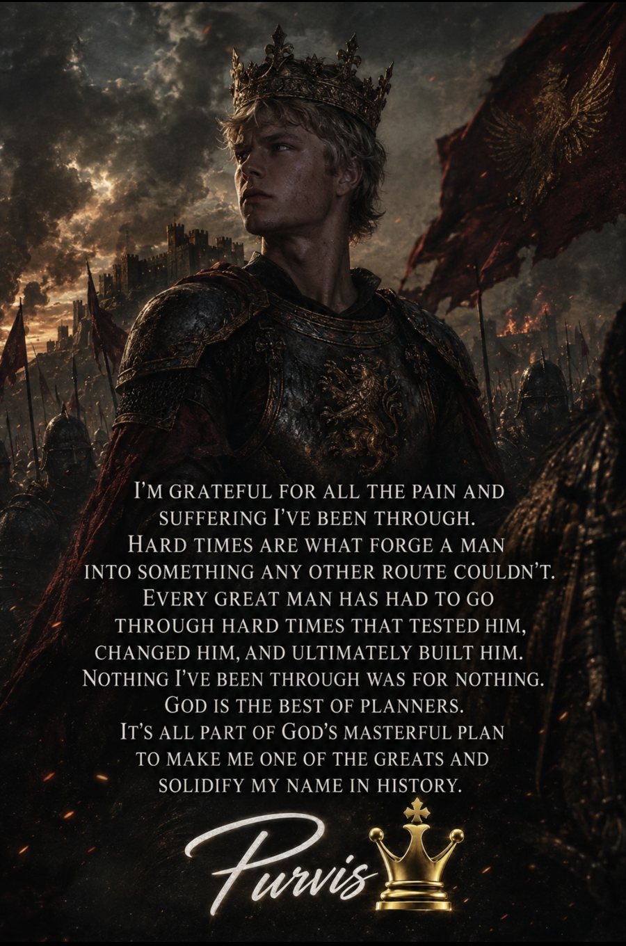 Poster of Will Purvis as a crowned king in armour before a burning battlefield, over the words: I'm grateful for all the pain and suffering I've been through. Hard times are what forge a man into something any other route couldn't. Every great man has had to go through hard times that tested him, changed him, and ultimately built him. Nothing I've been through was for nothing. God is the best of planners. It's all part of God's masterful plan to make me one of the greats and solidify my name in history.